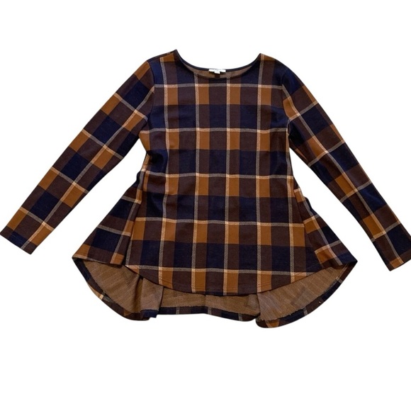 Umgee Brown Plaid Peplum‎ Top Long Sleeves Fall Size Small EUC Cotton Blend - Picture 1 of 6